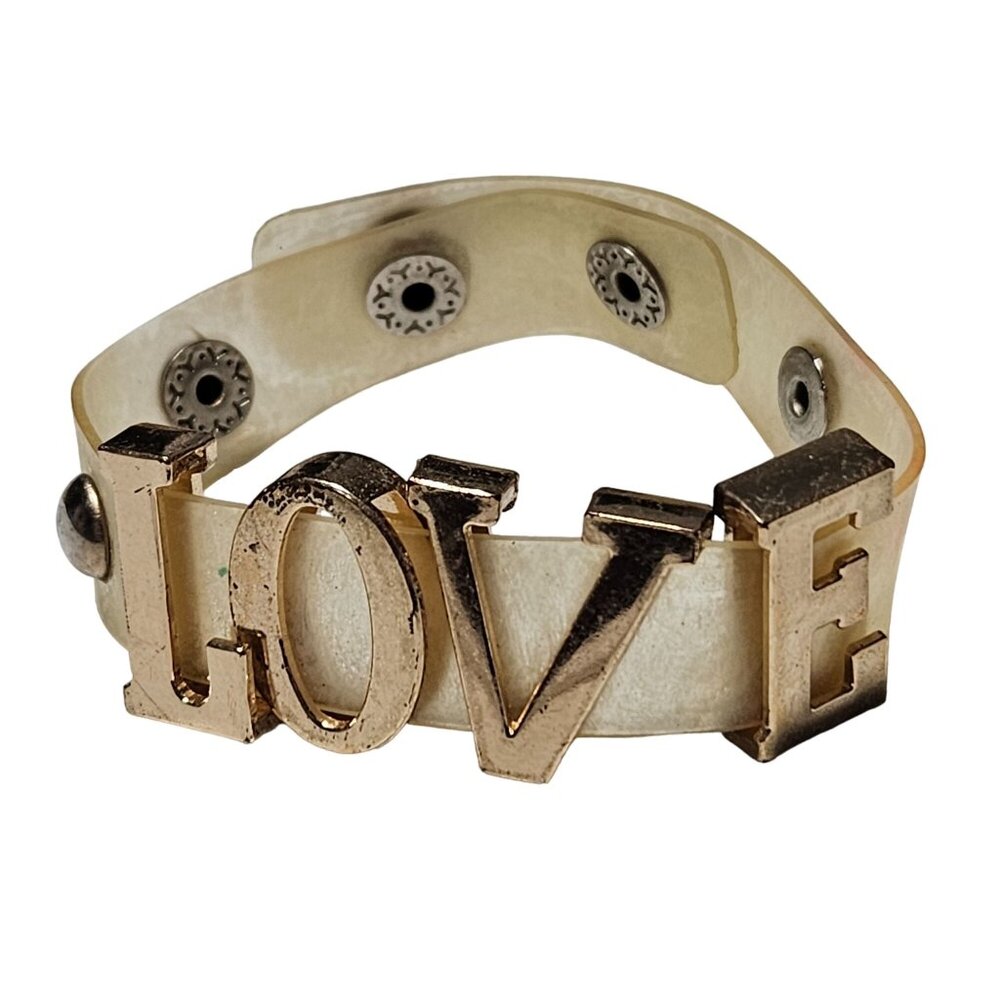 Statement Gold Tone LOVE Charm Bracelet Adjustable Silicone Snap Button Closure